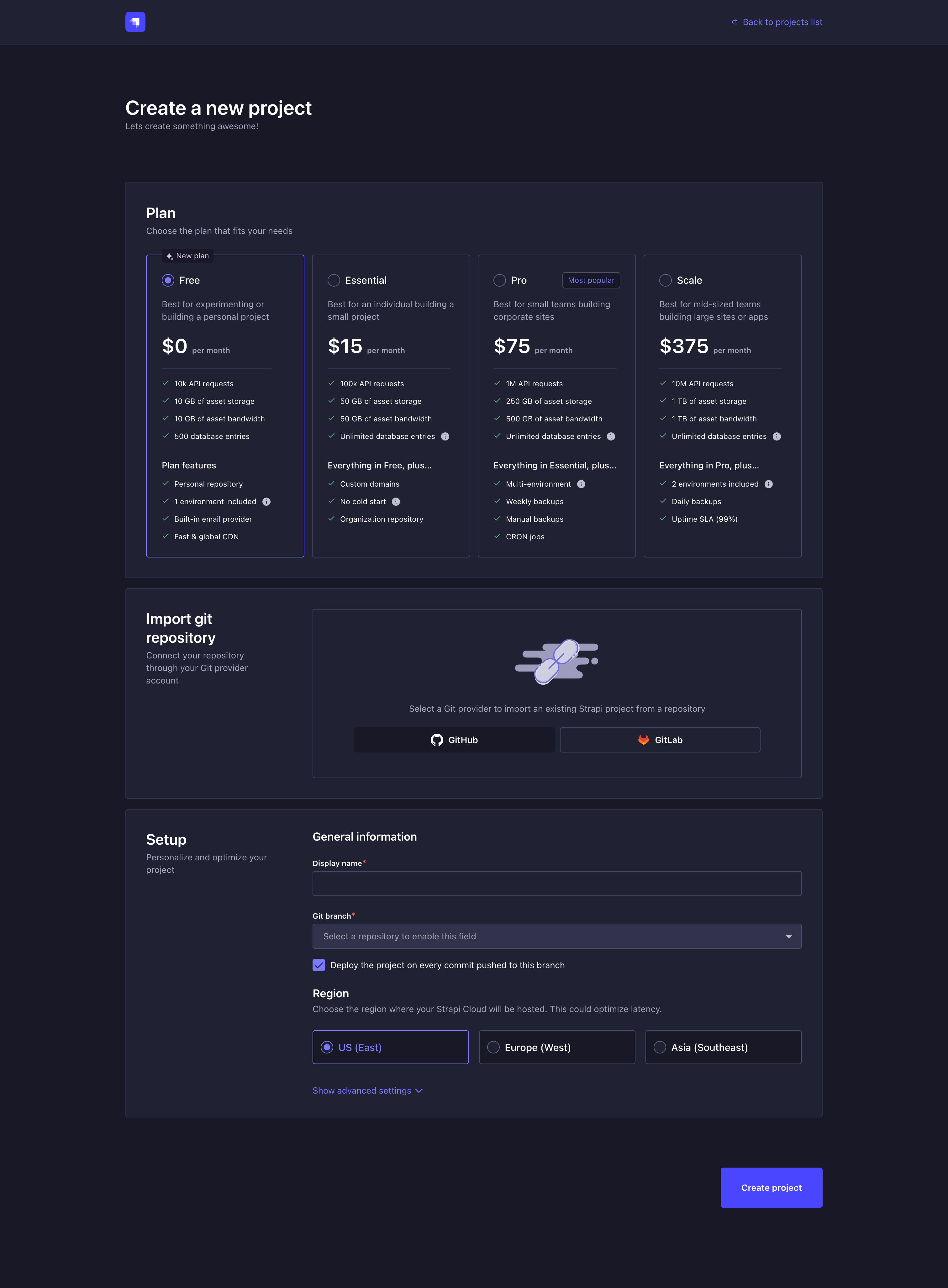 Strapi Cloud project creation, step 1